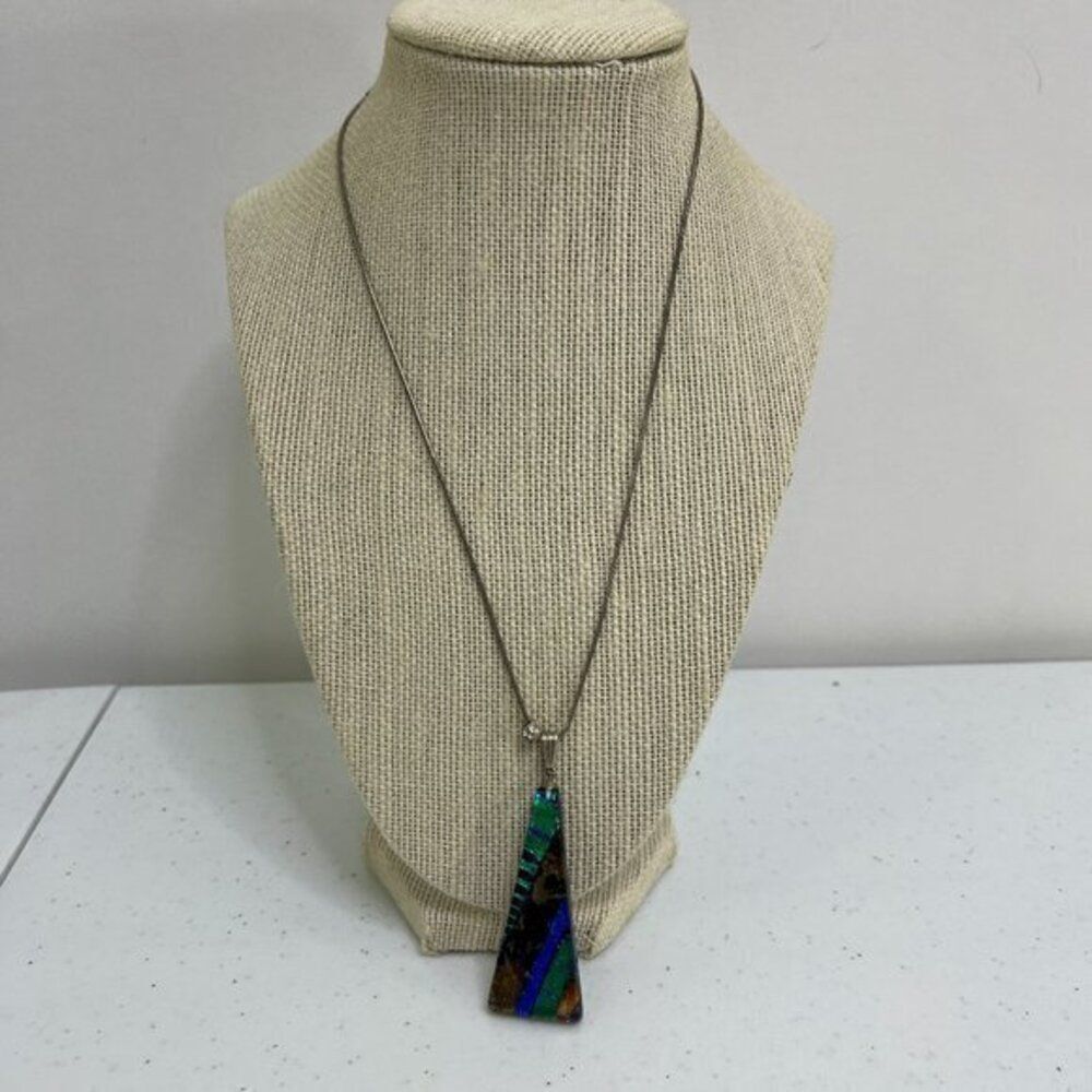Fused Glass Necklace Geometric Blue‎ Dichroic Sterling Silver 925 Chain Stripe - Picture 2 of 10